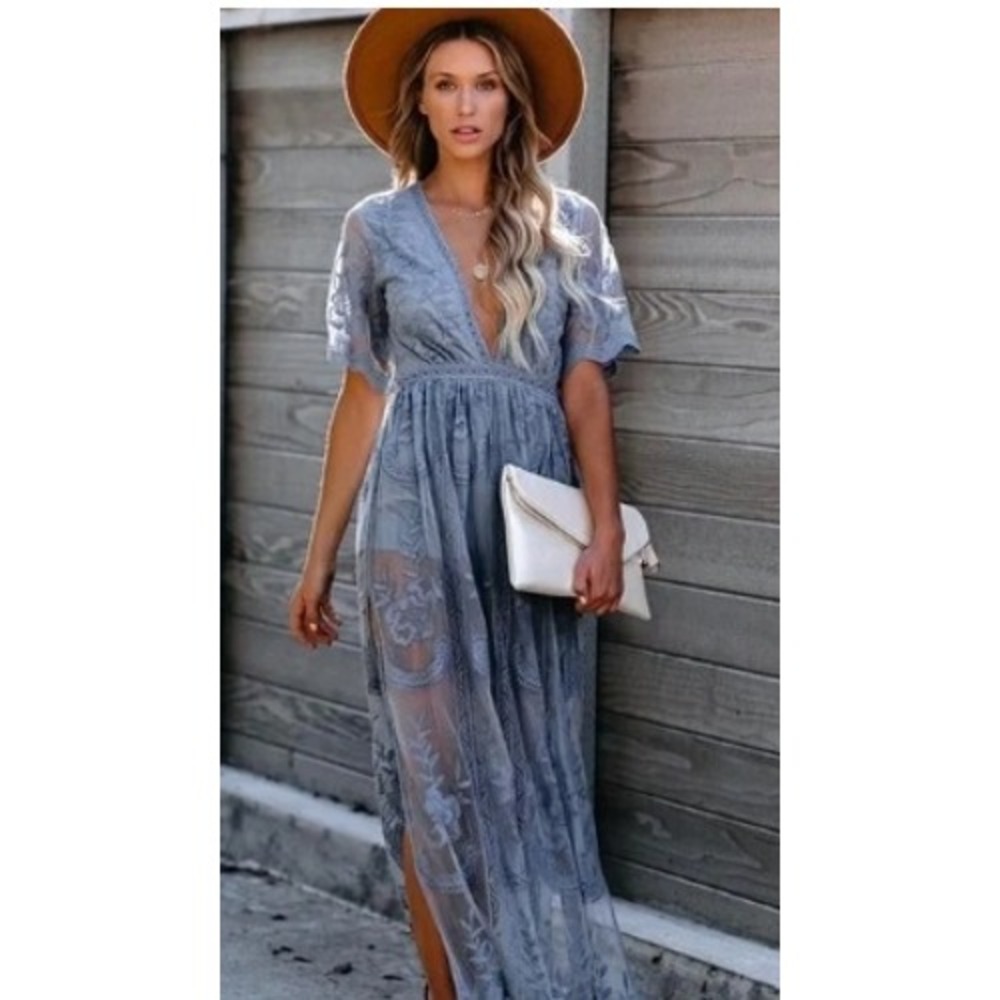 Honey Punch Mila Dusty Blue Lace Romper Maxi Dress | Size Medium - Picture 5 of 15